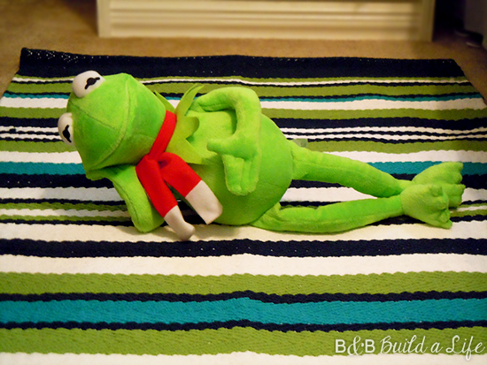 kermit the frog approves of the stripped rug @ BandBBuildALife.com