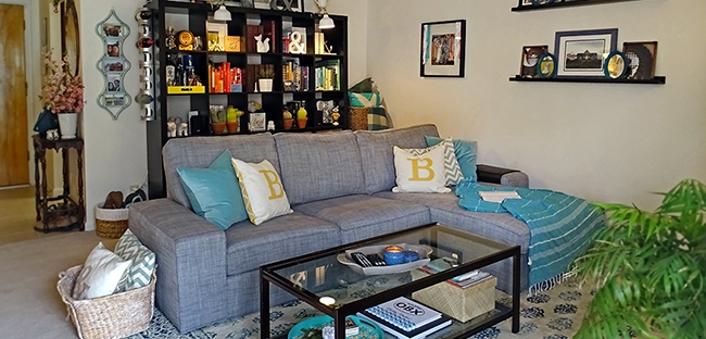 Ikea Kivik couch with gray and teal accents
